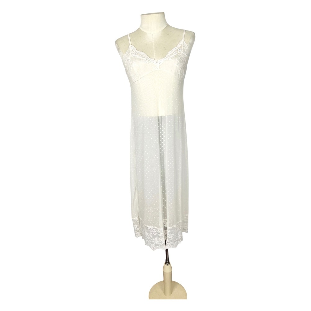 Victoria's Secret White Swiss Dot Mesh Lace Trim Midi Nightgown Slip Dress Med.
